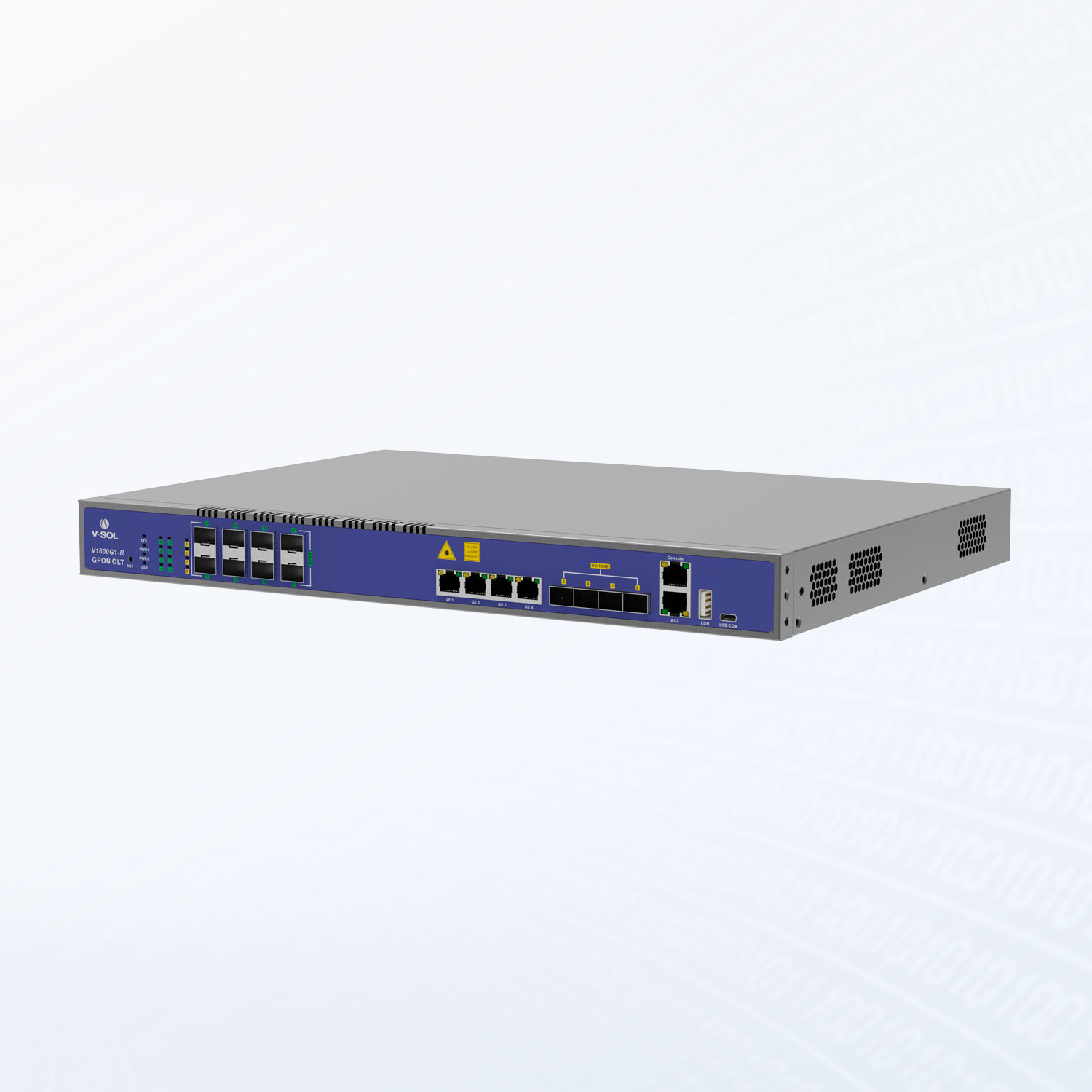 Alternative view of V1600G1-R 8GPON + 4GE(RJ45) + 4*10GE(SFP+) Layer 3 Hot-Swap FTTM Compact 8 Port GPON OLT