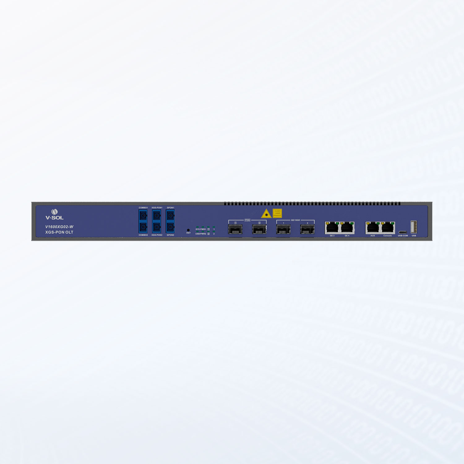Alternative view of V1600XG02-W 2XG-PON/XGS-PON + 2GE(RJ45) + 2*10GE(SFP+) WDM1r 10Gbps 1U Box 2 PON Port GPON/XG/XGS-PON OLT
