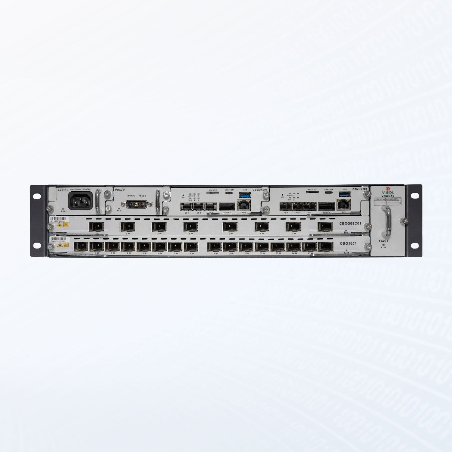 Alternative view of V5600X2 32GPON/XGS-PON Combo + 310GE(SFP+) + 1*100GE(QSFP28) 2-Slot GPON/XGS-PON Combo Chassis OLT