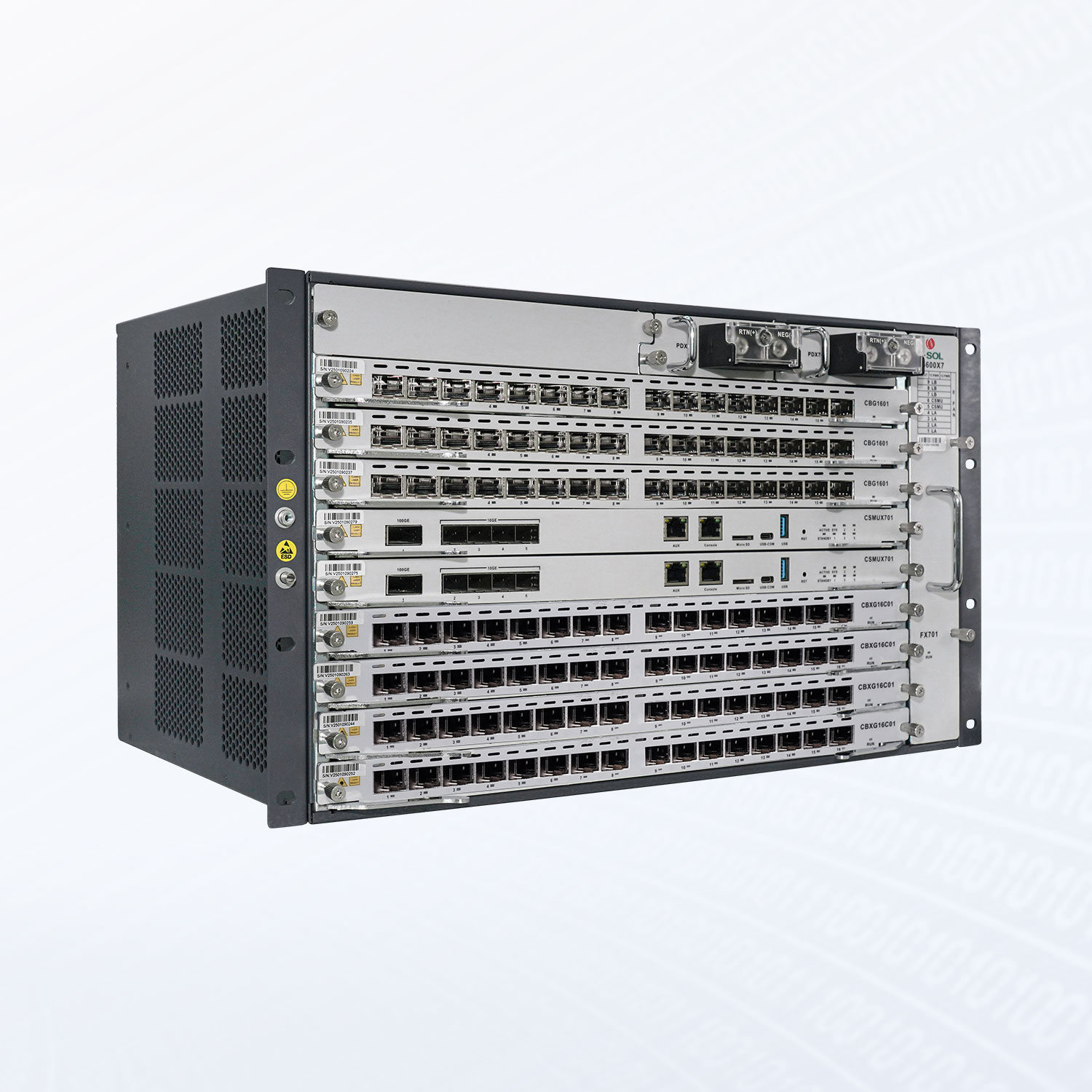 Alternative view of V5600X7 112GPON/XGS-PON Combo + 410GE(SFP+) + 1*100GE(QSFP28) 7-Slot GPON/XGS-PON Combo Chassis OLT